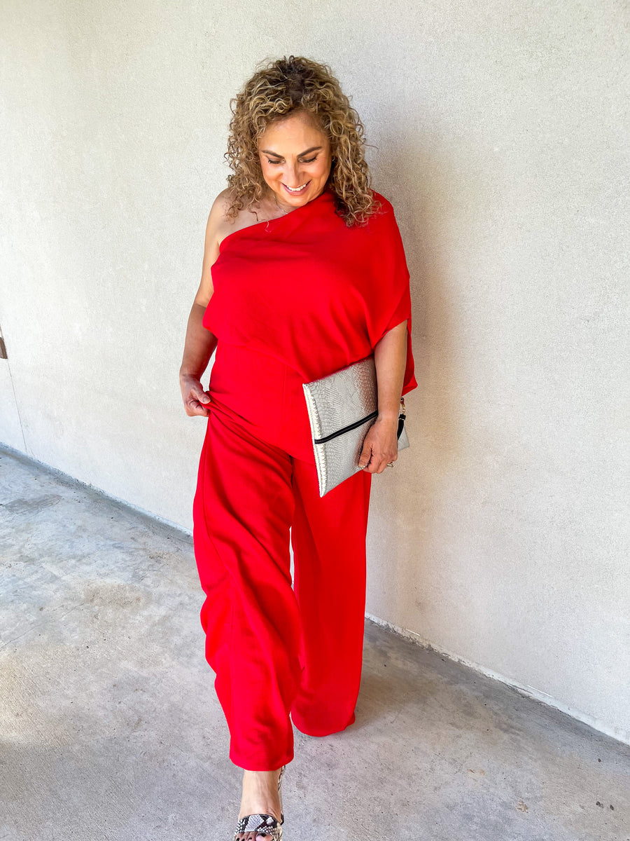 Red belted one shoulder jumpsuit on sale