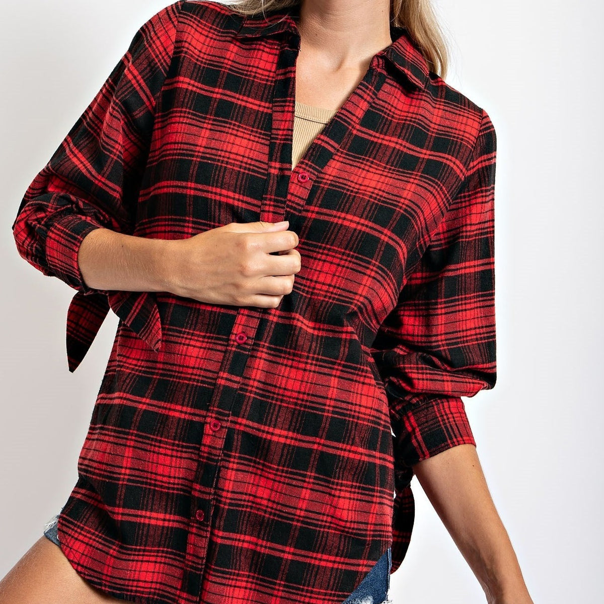 Oh Christmas Tree Red Plaid Button Down High Low Hem Shirt M