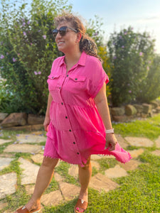Shop The Day Away Hot Pink Button Down Dress