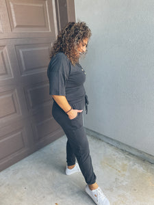 Half Sleeve Button Down Jogger Jumpsuit with pockets in Gray