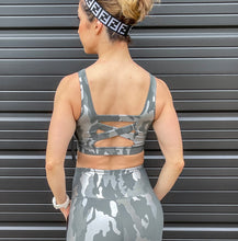 Load image into Gallery viewer, Camo Foil Criss-Cross Strap Sports Bra