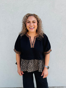Can't Be Tamed Textured Short Puff Sleeve Top Featuring Animal Pattern contrast Ruffle Hem