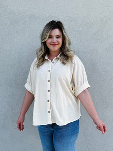 Cloud Nine Solid Waffle Button Down Half Sleeve With Collared Detail in Sand