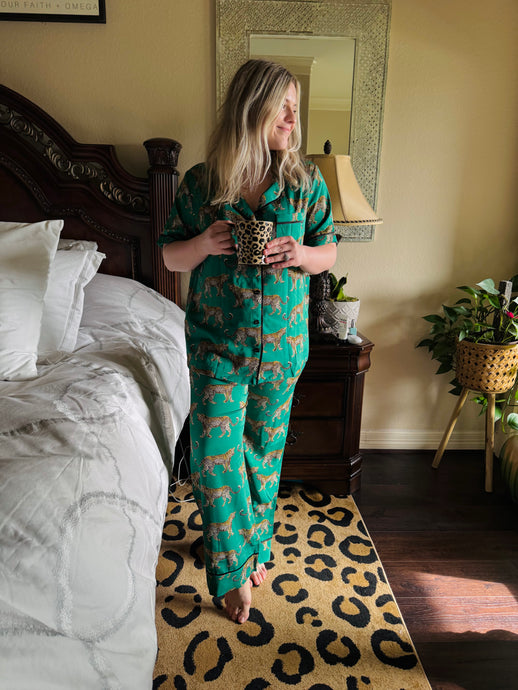 In Your Dreams Green Cheetah Print Pajama Set