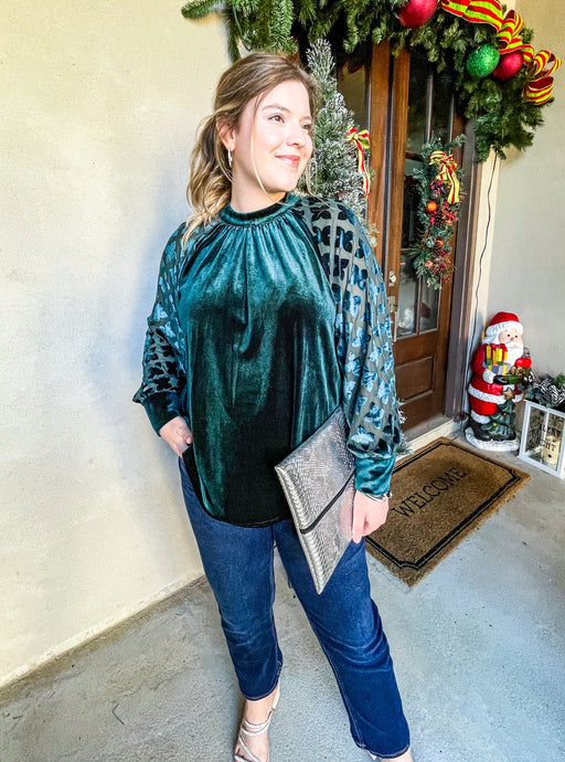 The Happiness of Christmas Forest Green Velvet & Velvet Burnout Long Sleeve Top
