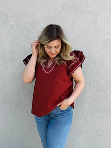 Golden Hour Brick Blouse with Ruffled Sleeves