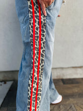 Load image into Gallery viewer, Wild &amp; Free Wide Leg Denim with Red Stripe Side Leopard Accent Pants