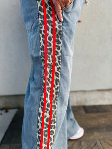 Wild & Free Wide Leg Denim with Red Stripe Side Leopard Accent Pants