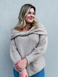 The Off Duty Coquette Off Shoulder Front Twist Knit Beige Sweater