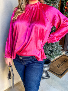 The Barbie Christmas Round Neck Hot Pink Ruffle Blouse with Beads