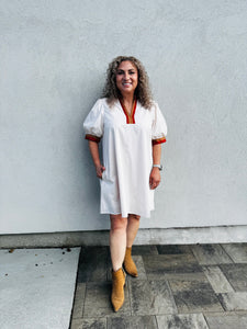 Maple and Honey Solid Short Sleeve Pullover Mini Dress W/Multicolor Band Accent