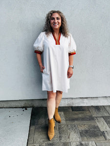 Maple and Honey Solid Short Sleeve Pullover Mini Dress W/Multicolor Band Accent