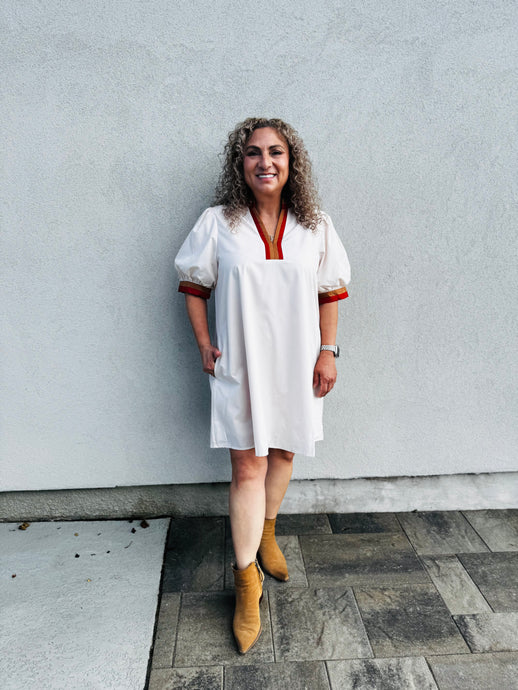 Maple and Honey Solid Short Sleeve Pullover Mini Dress W/Multicolor Band Accent