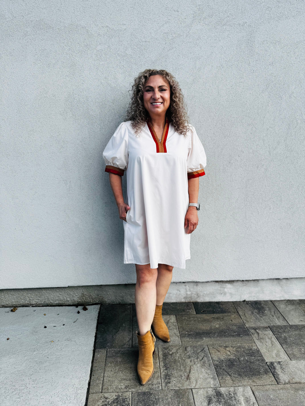 Maple and Honey Solid Short Sleeve Pullover Mini Dress W/Multicolor Band Accent