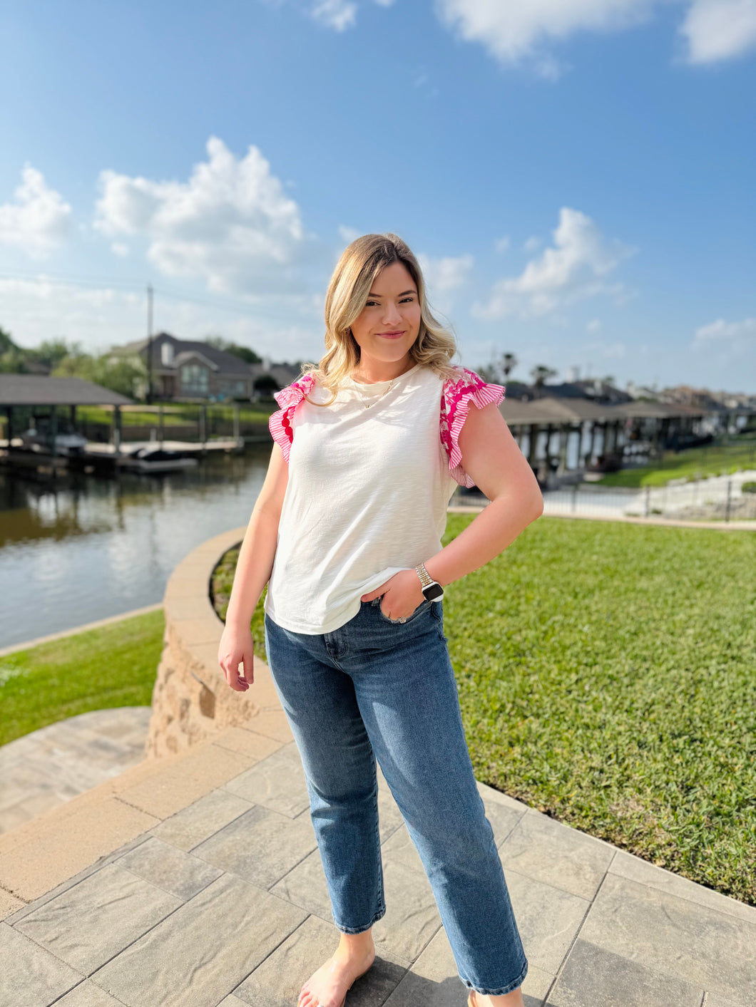 Wear it With Love Rose Ricrak Trim Flutter Sleeve Patch Blouse