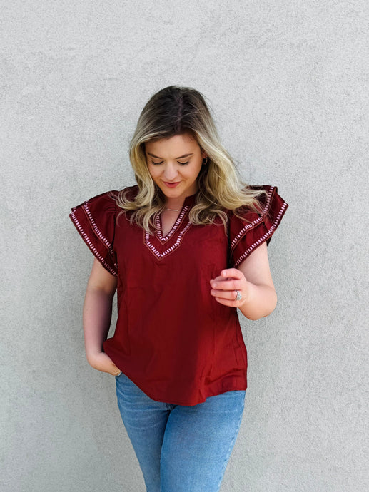 Golden Hour Brick Blouse with Ruffled Sleeves