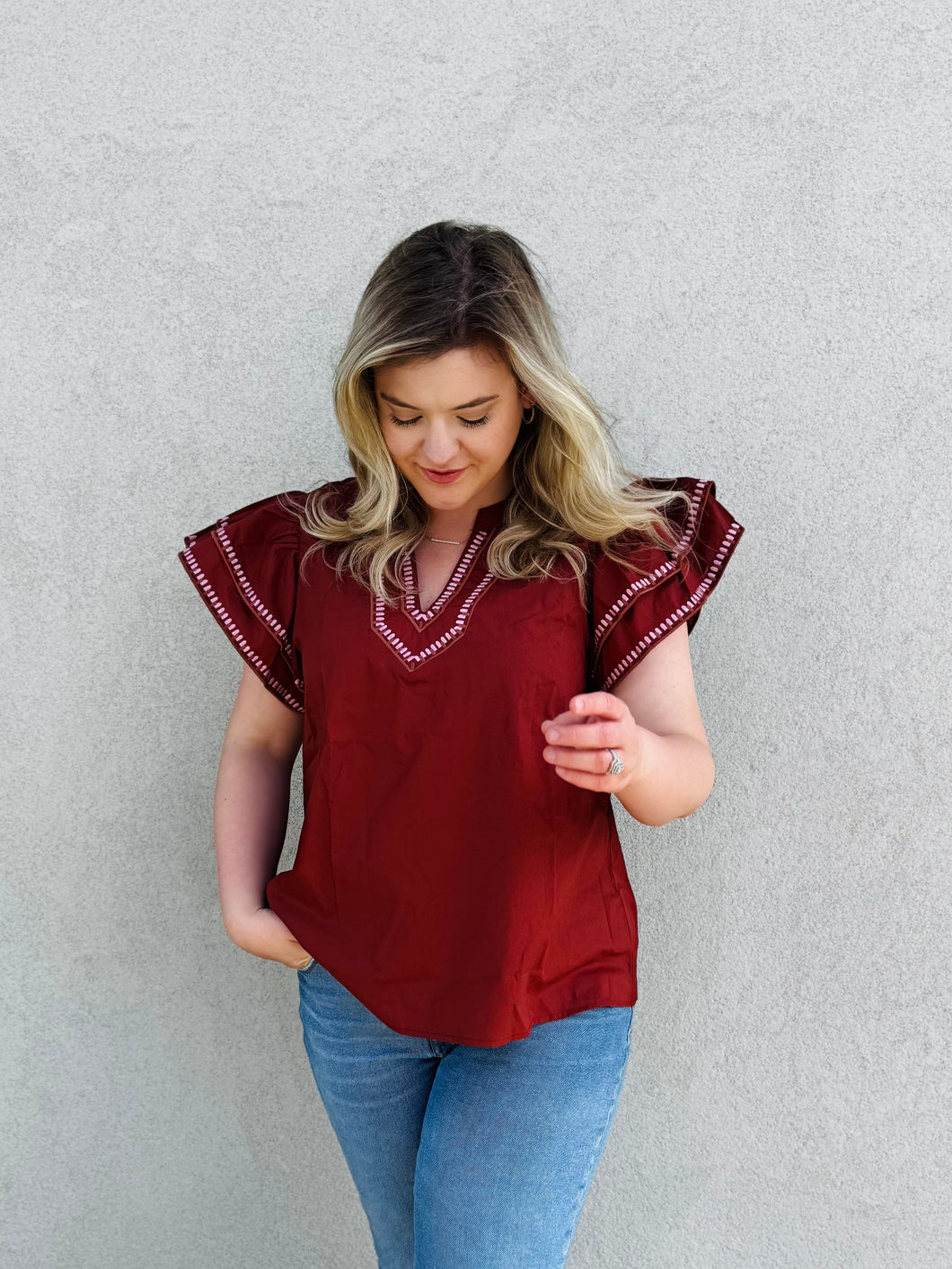 Golden Hour Brick Blouse with Ruffled Sleeves