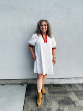 Load image into Gallery viewer, Maple and Honey Solid Short Sleeve Pullover Mini Dress W/Multicolor Band Accent