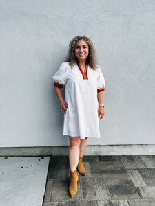 Maple and Honey Solid Short Sleeve Pullover Mini Dress W/Multicolor Band Accent