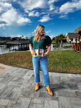 Load image into Gallery viewer, Harvest Bloom Textured Short Puff Sleeve with Floral Contrast Accent Ruffle Hem and Band Hunter Green