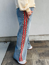 Load image into Gallery viewer, Wild &amp; Free Wide Leg Denim with Red Stripe Side Leopard Accent Pants