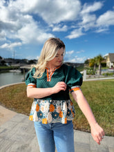 Load image into Gallery viewer, Harvest Bloom Textured Short Puff Sleeve with Floral Contrast Accent Ruffle Hem and Band Hunter Green