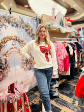 Load image into Gallery viewer, Shimmer &amp; Cheer Red Sequin Bow Holiday Sweater