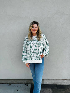 Home For Christmas Green Toile Printed Oversized Top
