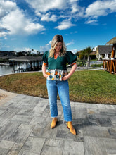 Load image into Gallery viewer, Harvest Bloom Textured Short Puff Sleeve with Floral Contrast Accent Ruffle Hem and Band Hunter Green