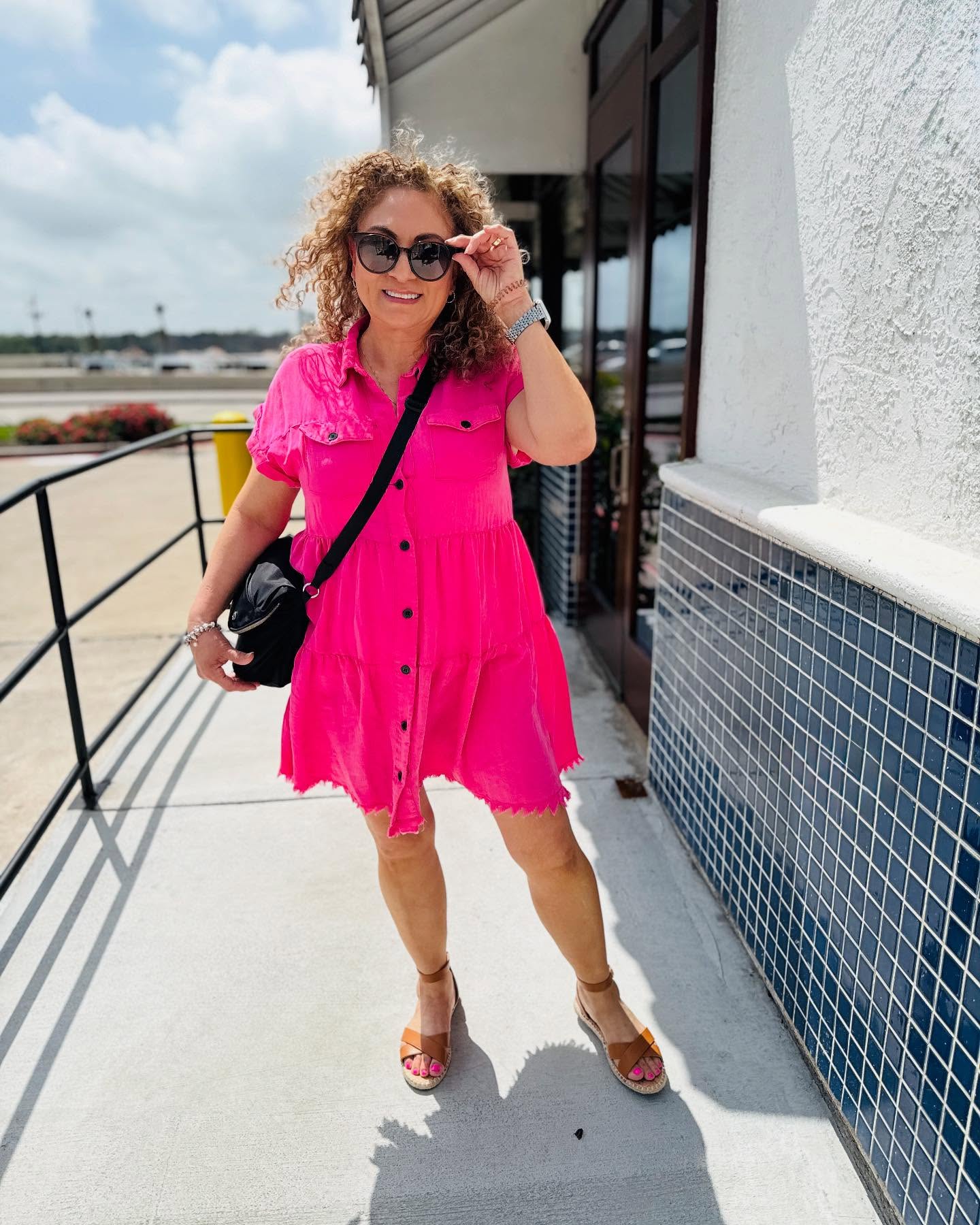 Shop The Day Away Hot Pink Button Down Dress L Shop The Day Away Hot Pink Button Down Dress L