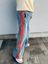 Load image into Gallery viewer, Wild &amp; Free Wide Leg Denim with Red Stripe Side Leopard Accent Pants
