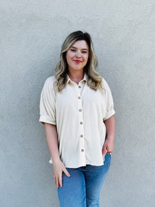 Cloud Nine Solid Waffle Button Down Half Sleeve With Collared Detail in Sand