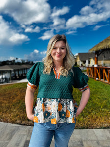 Harvest Bloom Textured Short Puff Sleeve with Floral Contrast Accent Ruffle Hem and Band Hunter Green