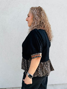 Can't Be Tamed Textured Short Puff Sleeve Top Featuring Animal Pattern contrast Ruffle Hem