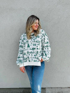 Home For Christmas Green Toile Printed Oversized Top