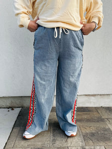 Wild & Free Wide Leg Denim with Red Stripe Side Leopard Accent Pants
