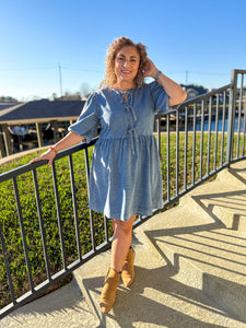 Out West Bow Denim Dress with Puff Sleeve L