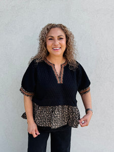 Can't Be Tamed Textured Short Puff Sleeve Top Featuring Animal Pattern contrast Ruffle Hem