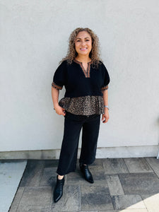 Can't Be Tamed Textured Short Puff Sleeve Top Featuring Animal Pattern contrast Ruffle Hem
