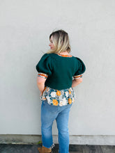Load image into Gallery viewer, Harvest Bloom Textured Short Puff Sleeve with Floral Contrast Accent Ruffle Hem and Band Hunter Green