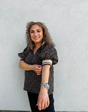 Load image into Gallery viewer, Wild Card Leopard Pattern Short Puff Sleeve Half-Zip Top Multicolor Band Collar