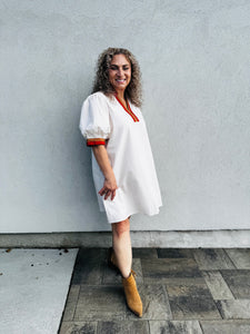 Maple and Honey Solid Short Sleeve Pullover Mini Dress W/Multicolor Band Accent