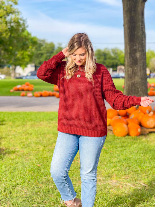 Pour The Merlot Fired Brick Waffle Knit Sweater with Rounded Hem