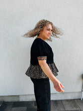 Load image into Gallery viewer, Can&#39;t Be Tamed Textured Short Puff Sleeve Top Featuring Animal Pattern contrast Ruffle Hem