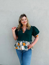 Load image into Gallery viewer, Harvest Bloom Textured Short Puff Sleeve with Floral Contrast Accent Ruffle Hem and Band Hunter Green