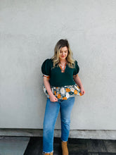 Load image into Gallery viewer, Harvest Bloom Textured Short Puff Sleeve with Floral Contrast Accent Ruffle Hem and Band Hunter Green