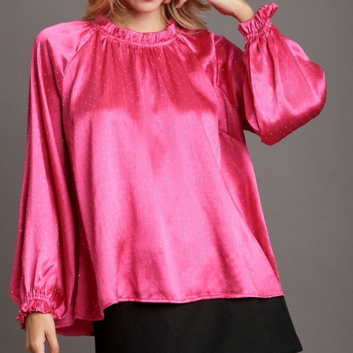 The Barbie Christmas Round Neck Hot Pink Ruffle Blouse with Beads