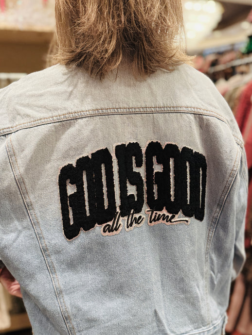 God Is Good Light Wash Oversized Denim Jacket