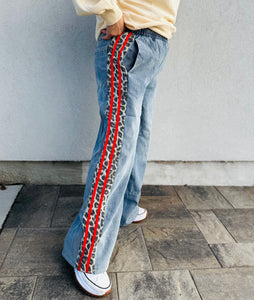 Wild & Free Wide Leg Denim with Red Stripe Side Leopard Accent Pants