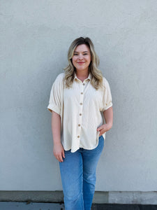 Cloud Nine Solid Waffle Button Down Half Sleeve With Collared Detail in Sand